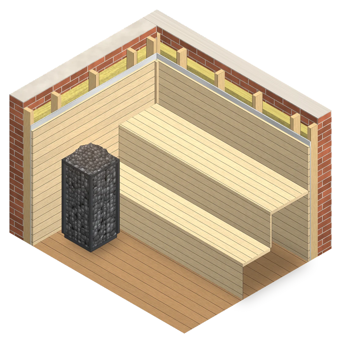 Cutaway of a sauna corner: wall, battens on the wall, insulation between the battens, aluminium vapour barrier, panelling, benches and a heater with an open stone basket